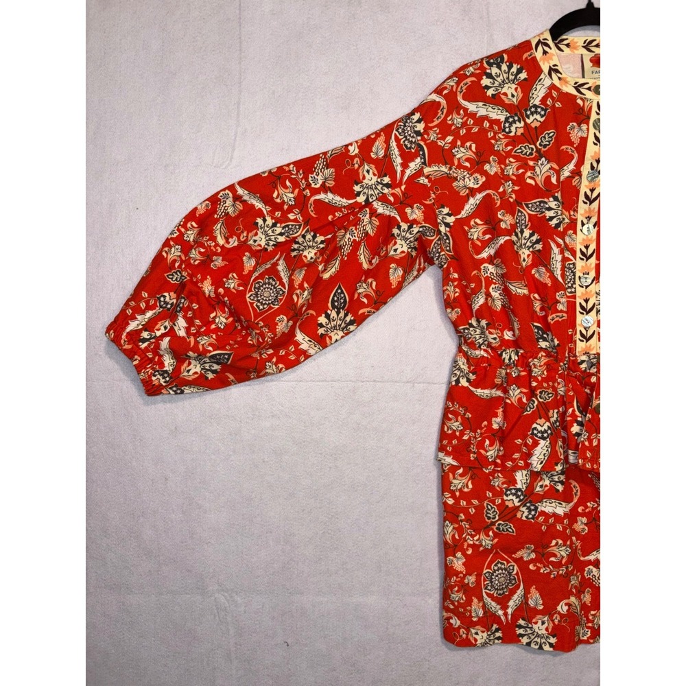 Farm Rio Anthropologie Long Sleeve  Romper Red Orange Floral Cotton $228 NWT - Picture 8 of 14